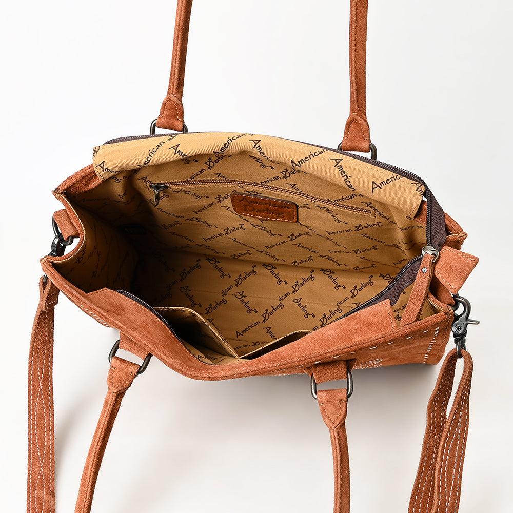 ADBG1553 American Darling Western Genuine Suede Leather Tote Bag with Buck Stitching - Handcrafted Everyday Tote