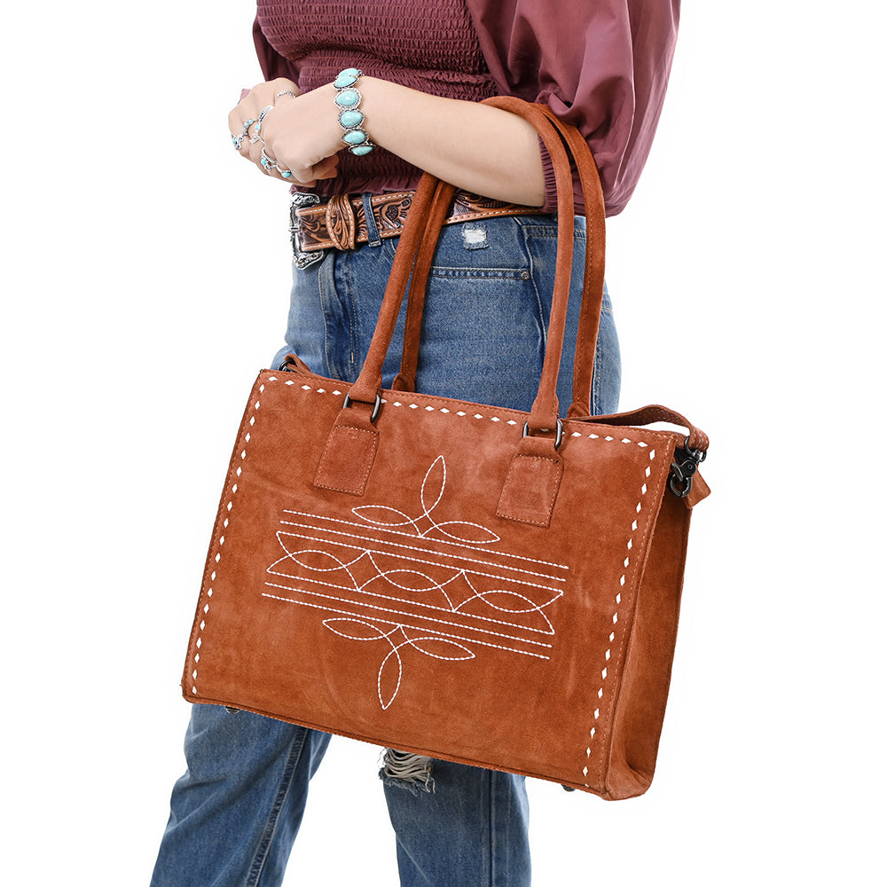 ADBG1553 American Darling Western Genuine Suede Leather Tote Bag with Buck Stitching - Handcrafted Everyday Tote