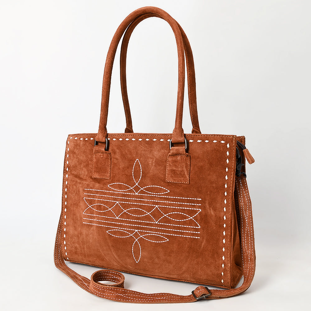 ADBG1553 American Darling Western Genuine Suede Leather Tote Bag with Buck Stitching - Handcrafted Everyday Tote