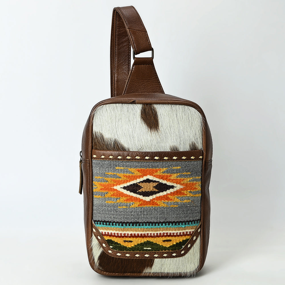 ADBG1554 American Darling Western Leather Sling Bag with Hair-On Cowhide & Woven Saddle Blanket Front