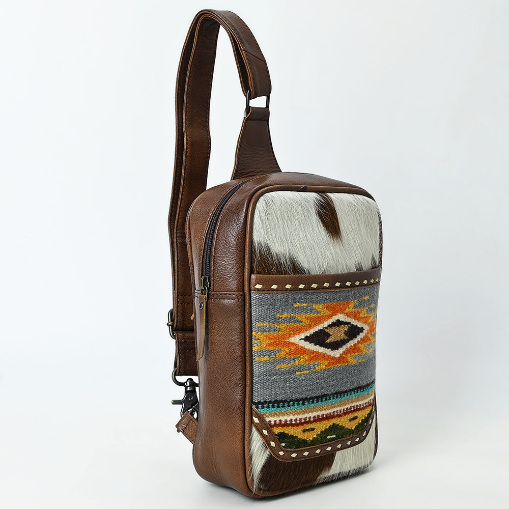 ADBG1554 American Darling Western Leather Sling Bag with Hair-On Cowhide & Woven Saddle Blanket Front
