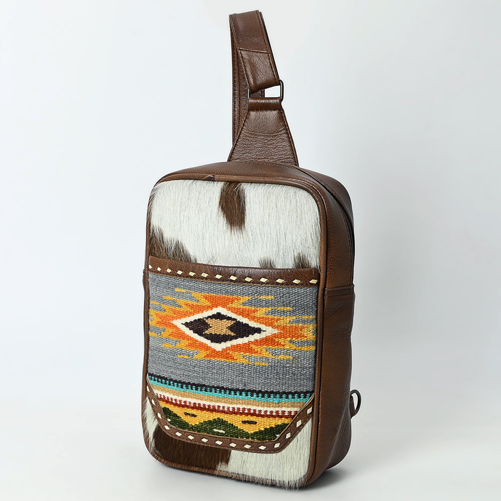 ADBG1554 American Darling Western Leather Sling Bag with Hair-On Cowhide & Woven Saddle Blanket Front