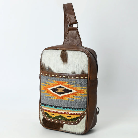 ADBG1554 American Darling Western Leather Sling Bag with Hair-On Cowhide & Woven Saddle Blanket Front