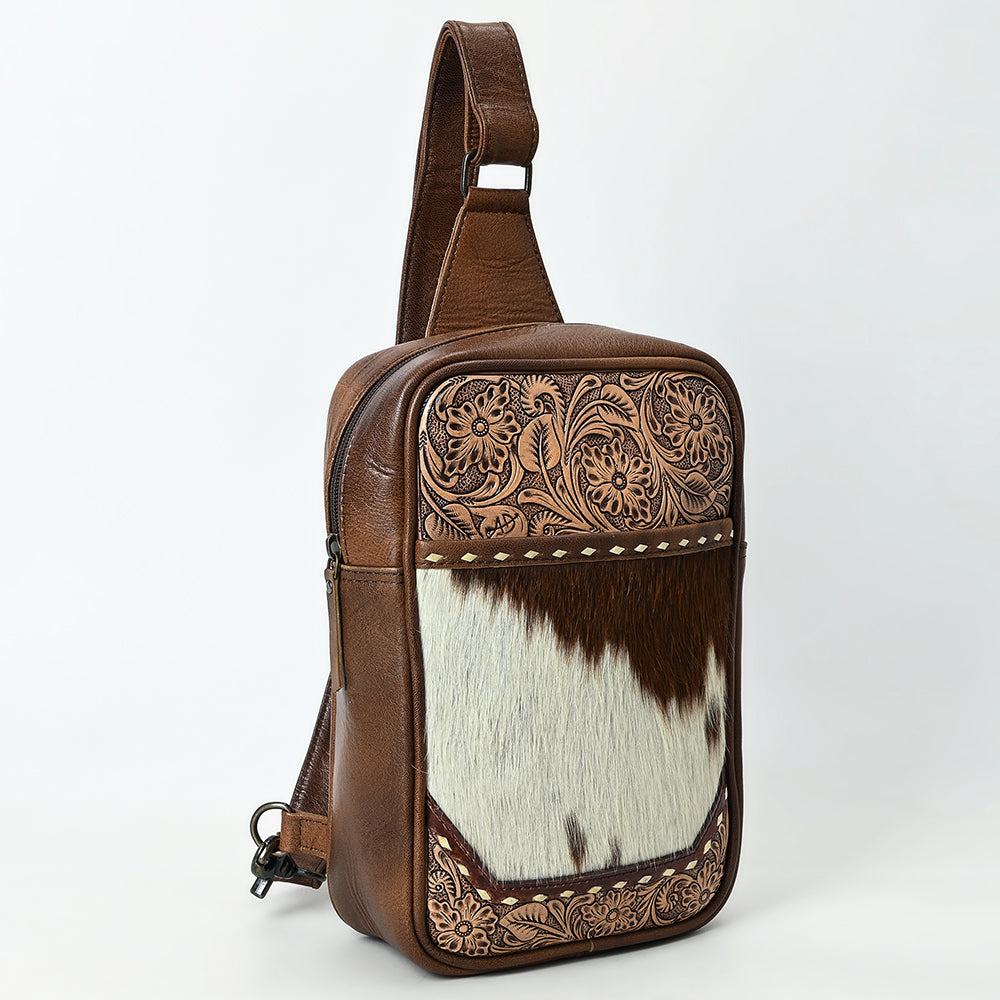 ADBG1555 American Darling Western Leather Sling Bag with Hair-On Cowhide & Hand-Tooled Floral Accents