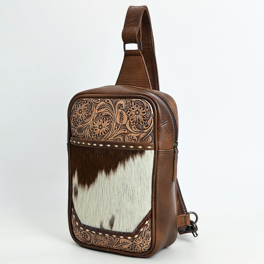 ADBG1555 American Darling Western Leather Sling Bag with Hair-On Cowhide & Hand-Tooled Floral Accents