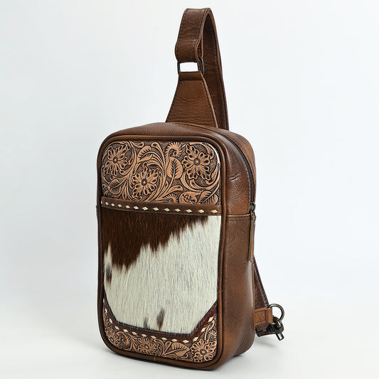 ADBG1555 American Darling Western Leather Sling Bag with Hair-On Cowhide & Hand-Tooled Floral Accents