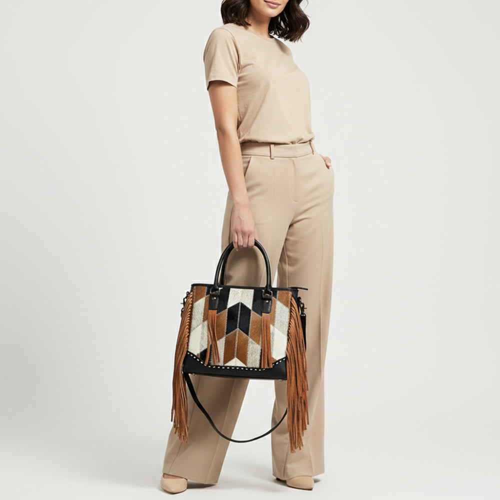 ADBG1556 American Darling Western Leather Tote Bag with Hair-On Cowhide & Fringe - Handmade American Darling