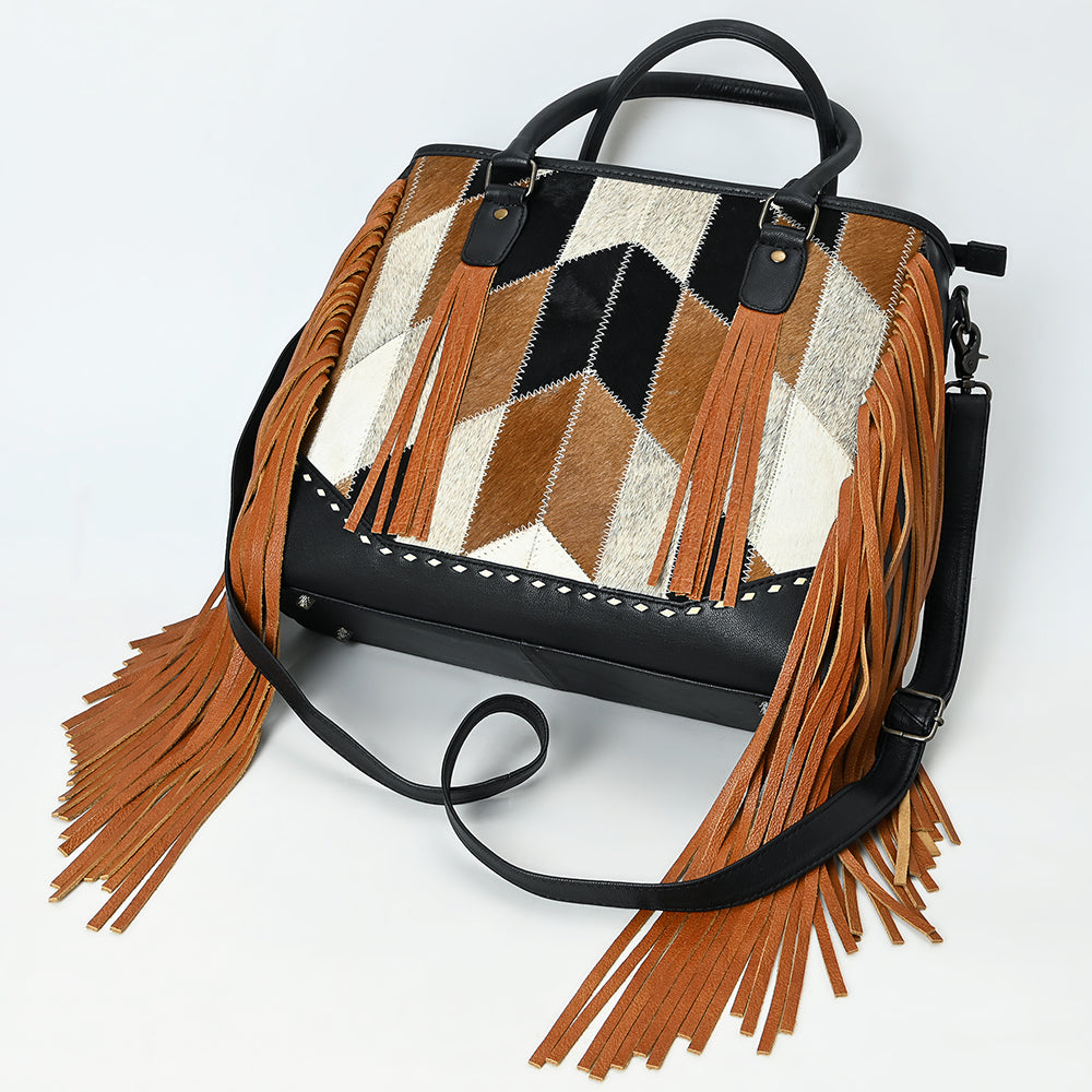 ADBG1556 American Darling Western Leather Tote Bag with Hair-On Cowhide & Fringe - Handmade American Darling