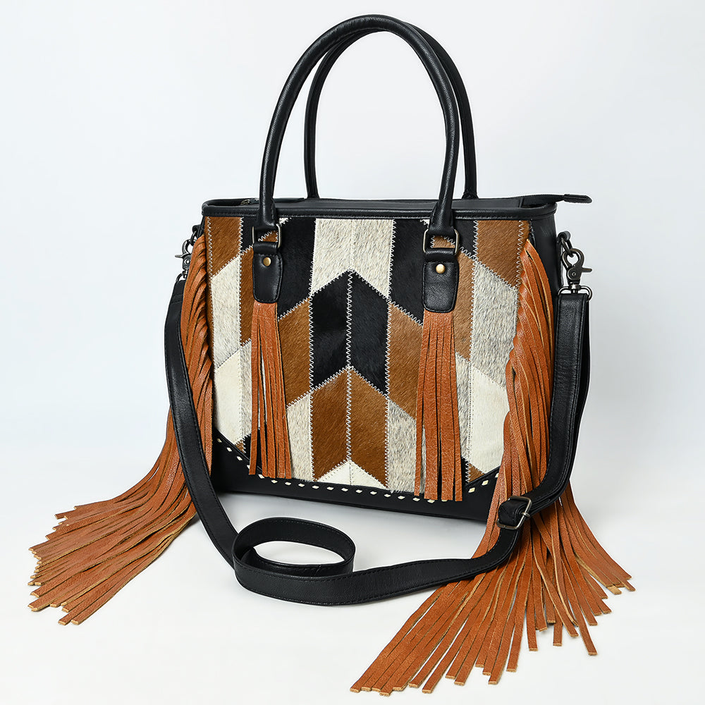 ADBG1556 American Darling Western Leather Tote Bag with Hair-On Cowhide & Fringe - Handmade American Darling