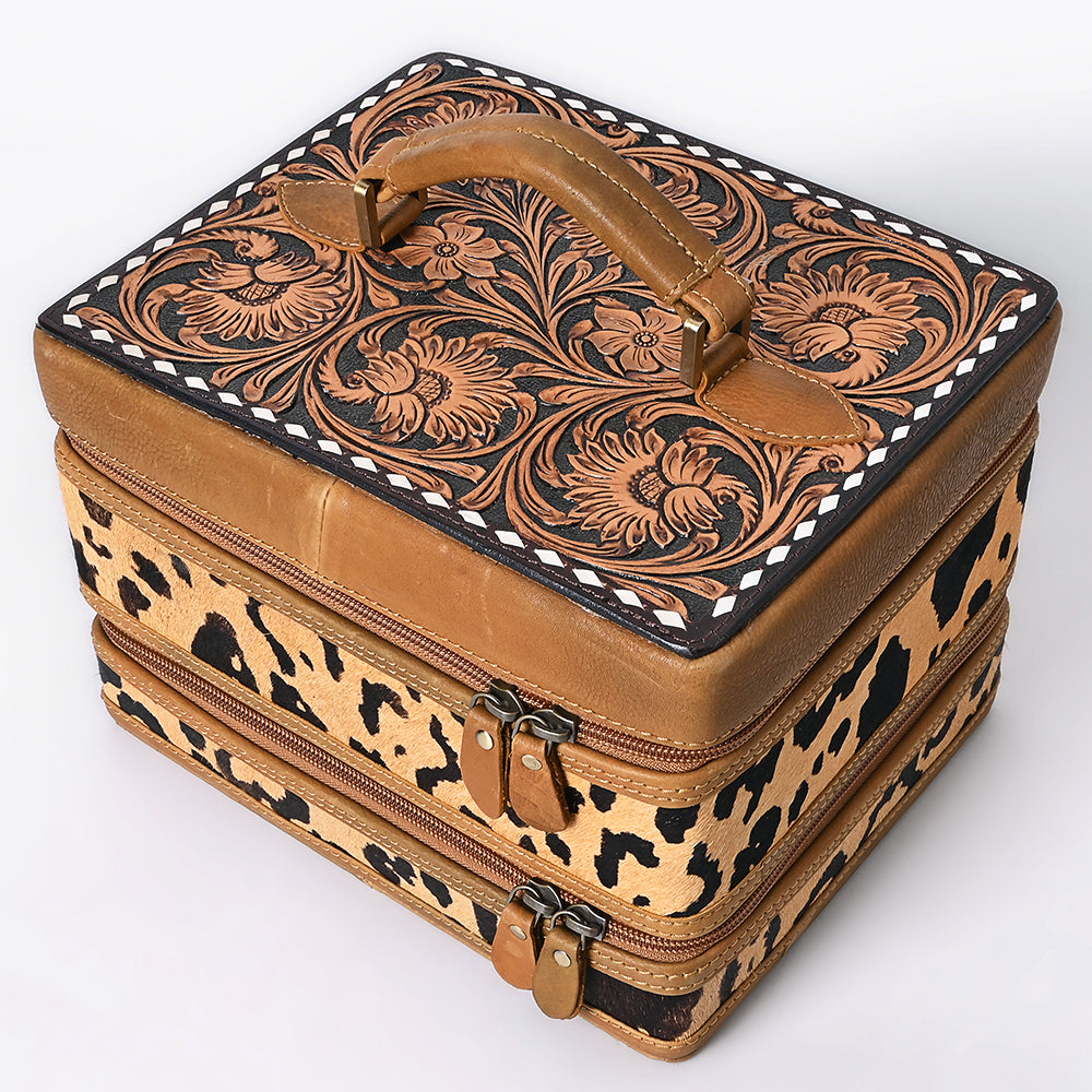 ADBGA454 American Darling Double-Layer Tooled Leather Cowhide Jewelry Case Western Vanity Organizer