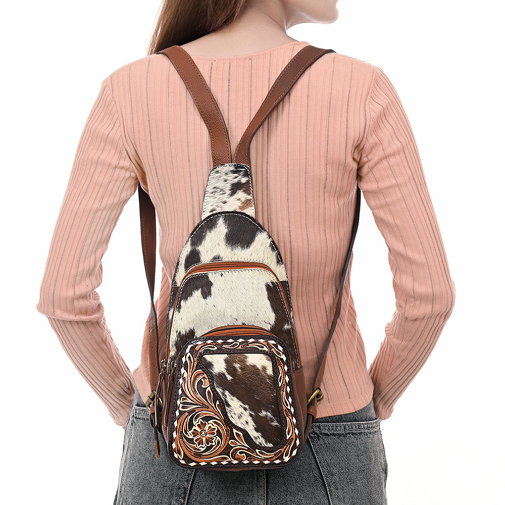 ADBGA609 Hair-On Hide Leather Sling Bag-Tooled Front Pocket & Cowhide Accent