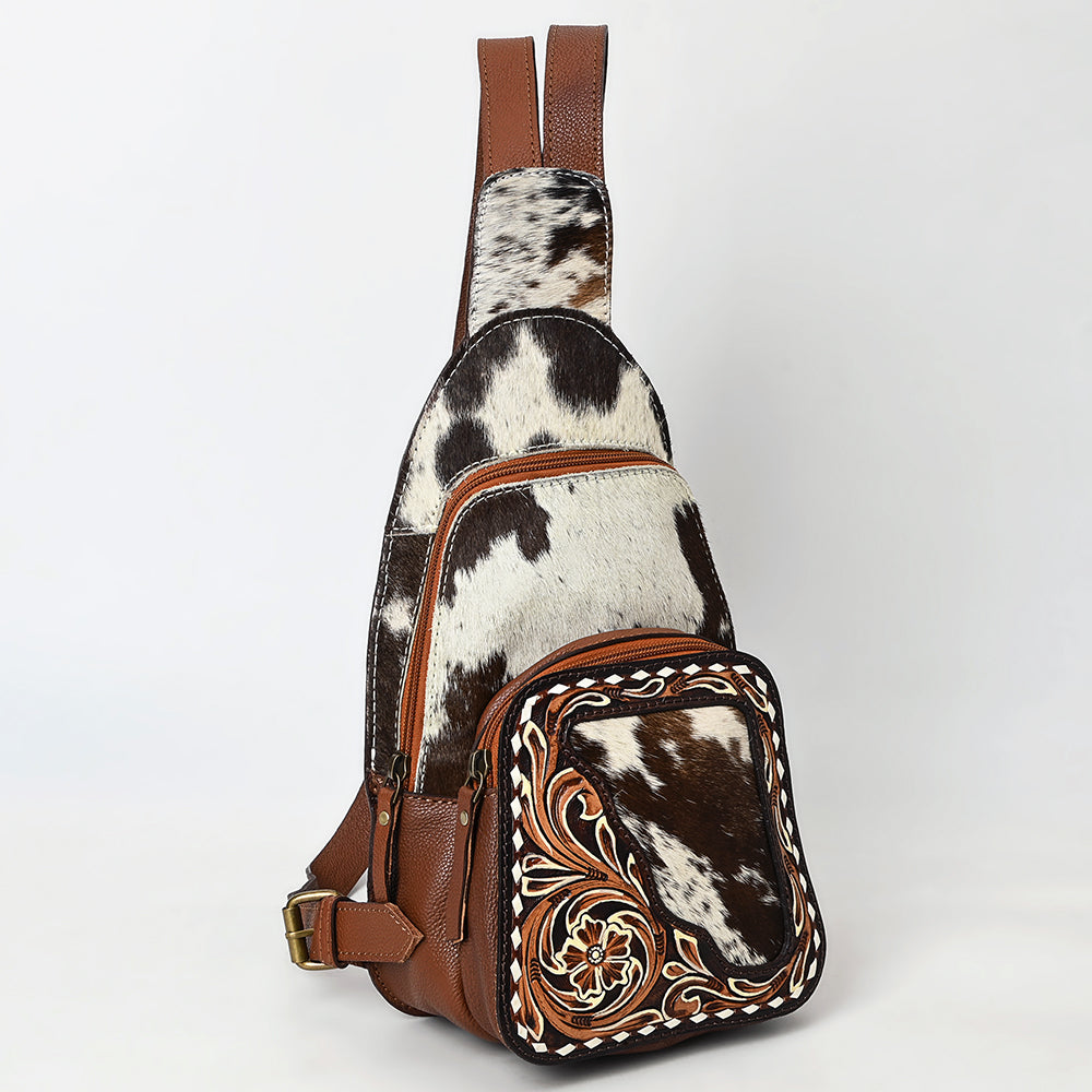 ADBGA609 Hair-On Hide Leather Sling Bag-Tooled Front Pocket & Cowhide Accent