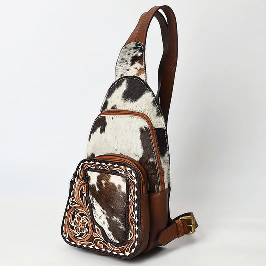 ADBGA609 Hair-On Hide Leather Sling Bag-Tooled Front Pocket & Cowhide Accent