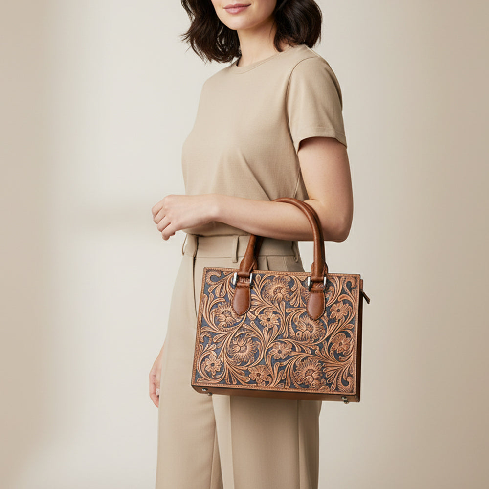 ADBGM463 Hand-Tooled Leather Tote Bag - Western Floral Engraved Structured Satchel