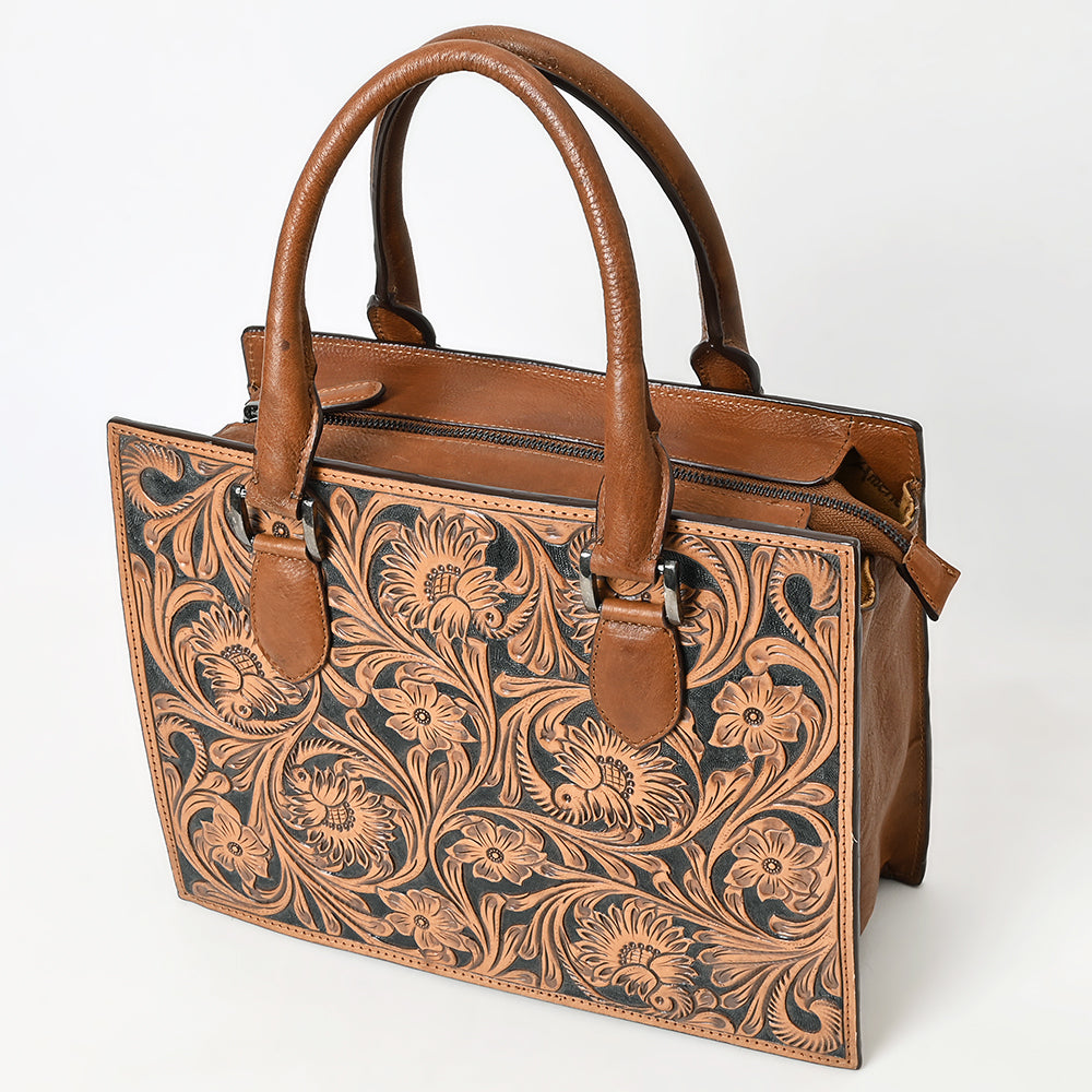 ADBGM463 Hand-Tooled Leather Tote Bag - Western Floral Engraved Structured Satchel