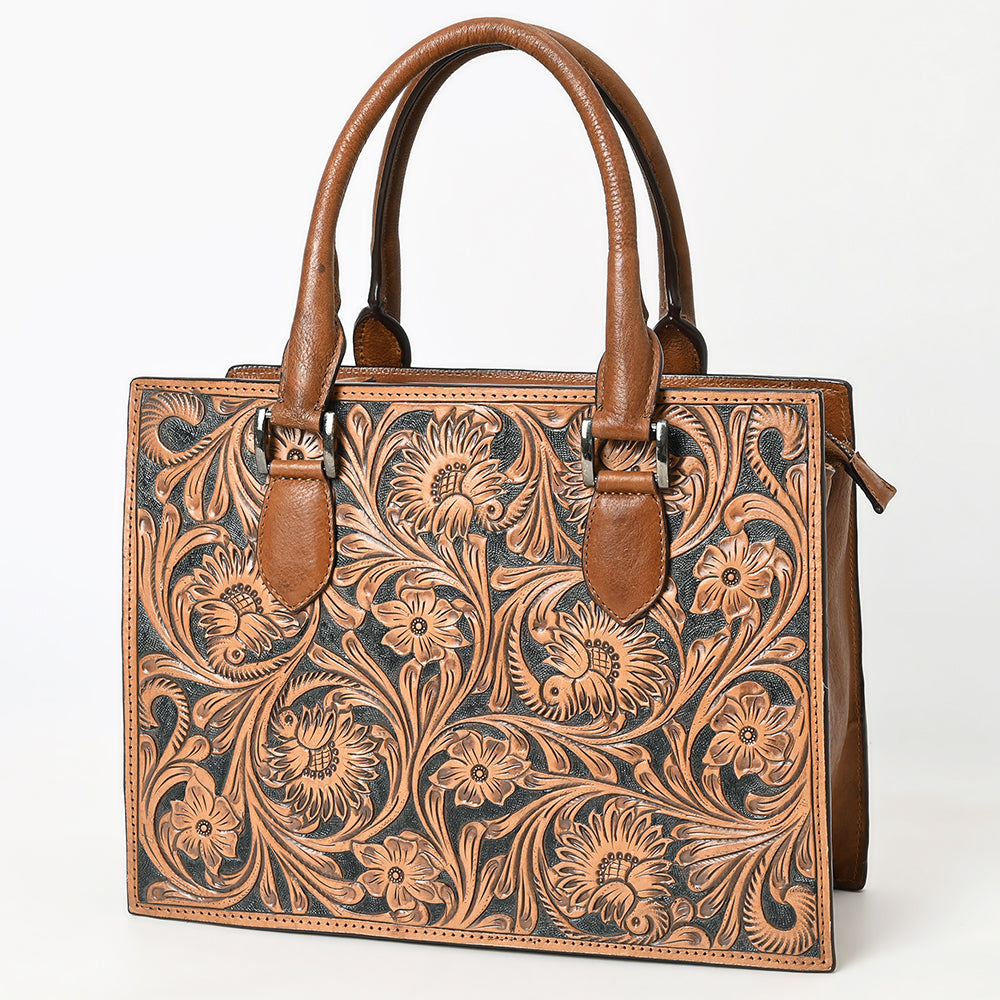 ADBGM463 Hand-Tooled Leather Tote Bag - Western Floral Engraved Structured Satchel