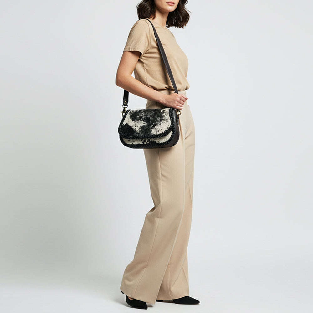 ADBGM464 Hair-On Cowhide Crossbody Bag - Black & White Western Saddle Style with Braided Trim