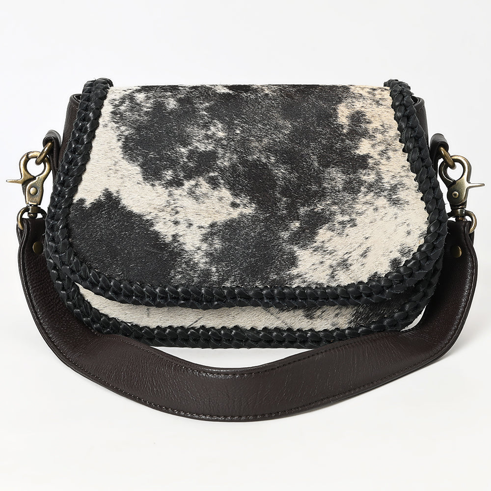 ADBGM464 Hair-On Cowhide Crossbody Bag - Black & White Western Saddle Style with Braided Trim