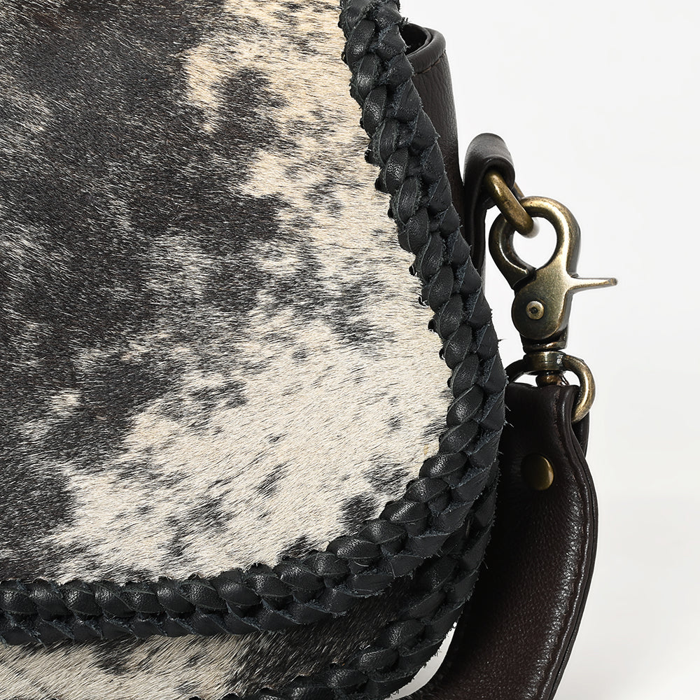 ADBGM464 Hair-On Cowhide Crossbody Bag - Black & White Western Saddle Style with Braided Trim