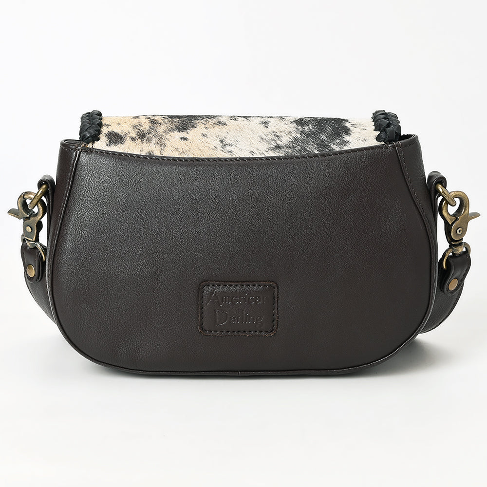 ADBGM464 Hair-On Cowhide Crossbody Bag - Black & White Western Saddle Style with Braided Trim