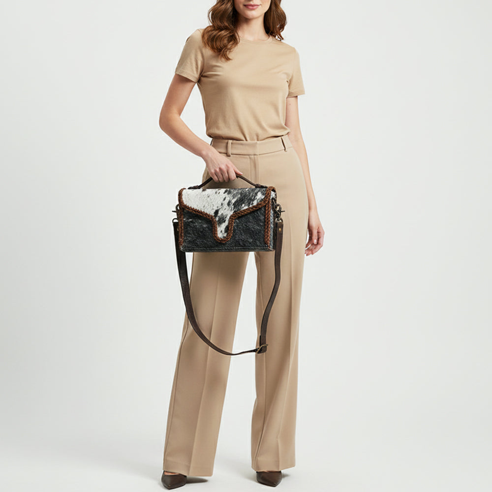 ADBGM465 Hair-On Cowhide Leather Crossbody - Western V-Flap Bag with Braided Trim & Handle