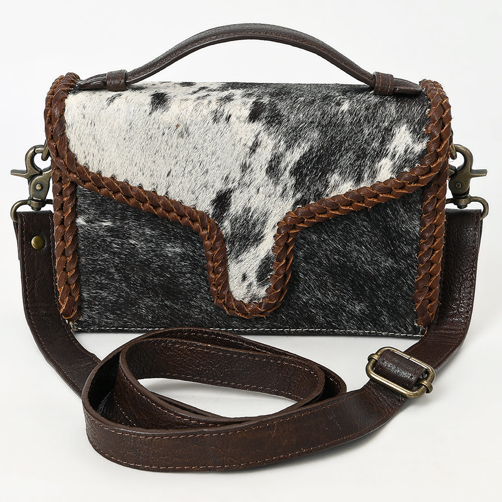 ADBGM465 Hair-On Cowhide Leather Crossbody - Western V-Flap Bag with Braided Trim & Handle