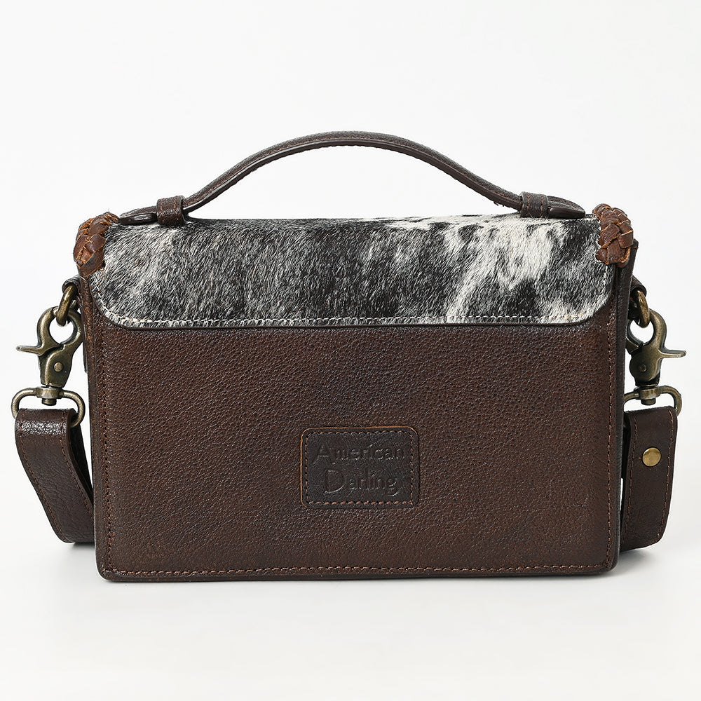 ADBGM465 Hair-On Cowhide Leather Crossbody - Western V-Flap Bag with Braided Trim & Handle