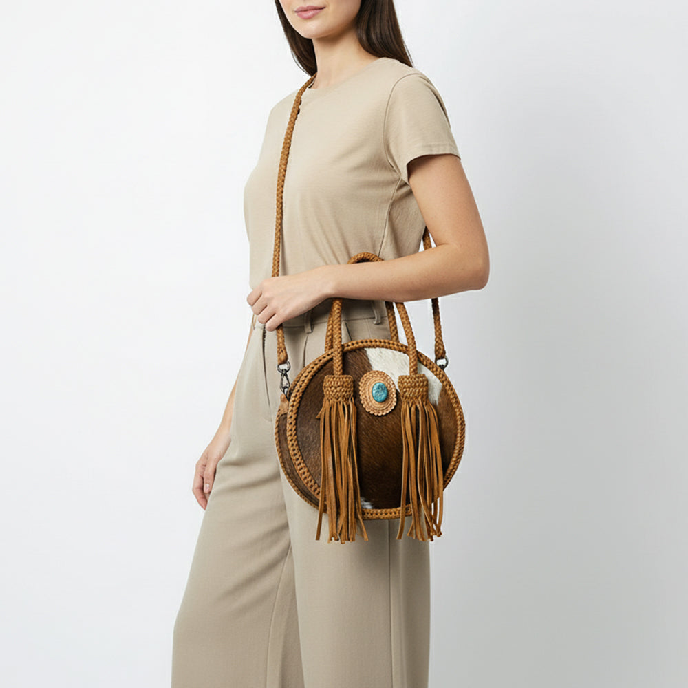 ADBGM466 Round Cowhide Leather Canteen Fringe Bag - Western Turquoise Concho & Braided Strap
