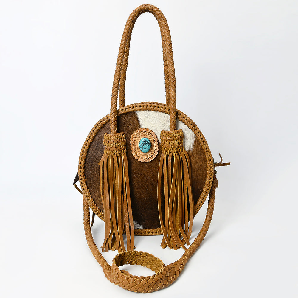 ADBGM466 Round Cowhide Leather Canteen Fringe Bag - Western Turquoise Concho & Braided Strap