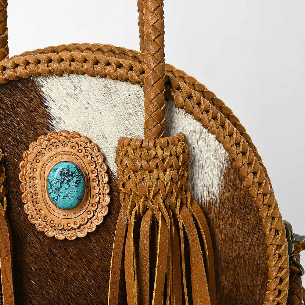 ADBGM466 Round Cowhide Leather Canteen Fringe Bag - Western Turquoise Concho & Braided Strap