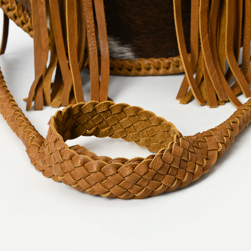 ADBGM466 Round Cowhide Leather Canteen Fringe Bag - Western Turquoise Concho & Braided Strap