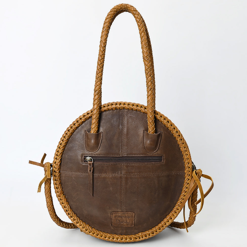ADBGM466 Round Cowhide Leather Canteen Fringe Bag - Western Turquoise Concho & Braided Strap