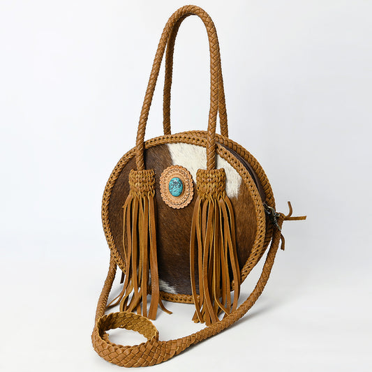 ADBGM466 Round Cowhide Leather Canteen Fringe Bag - Western Turquoise Concho & Braided Strap