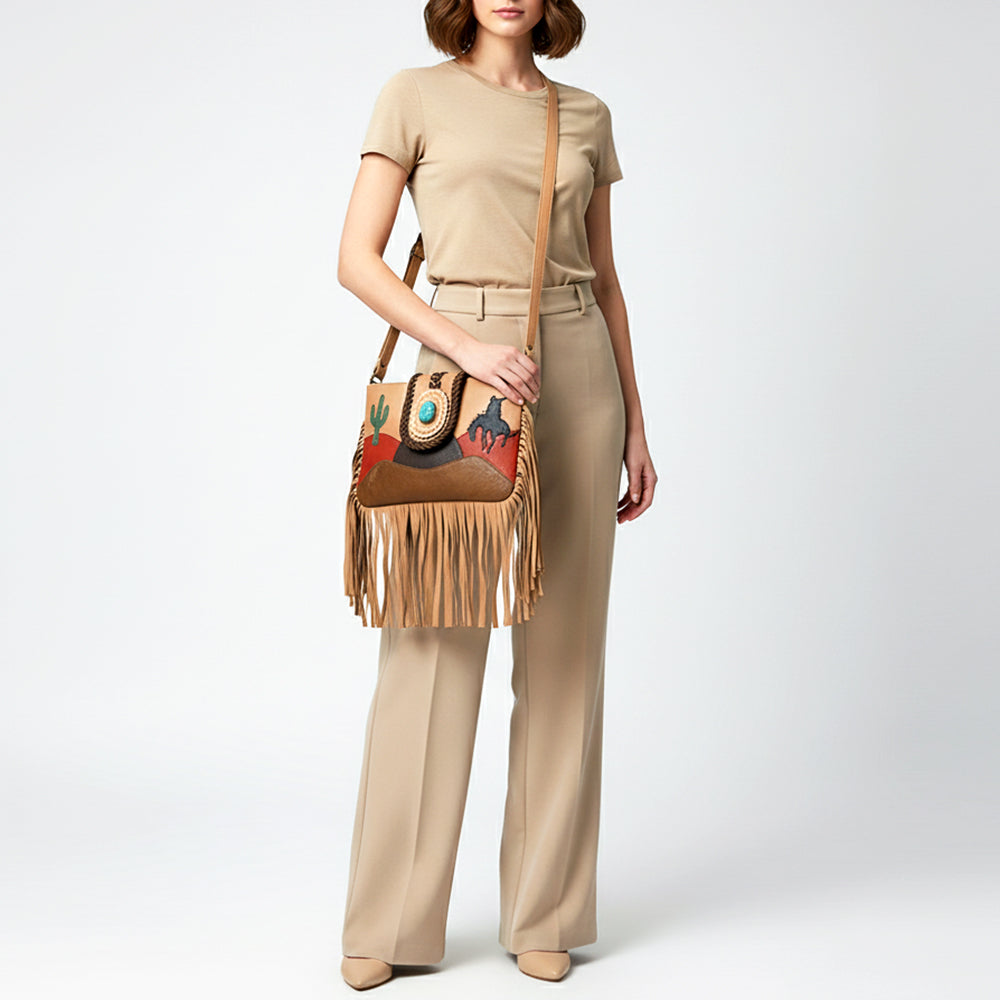 ADBGM467 Western Fringe Crossbody Bag - Scenic Applique with Turquoise Concho
