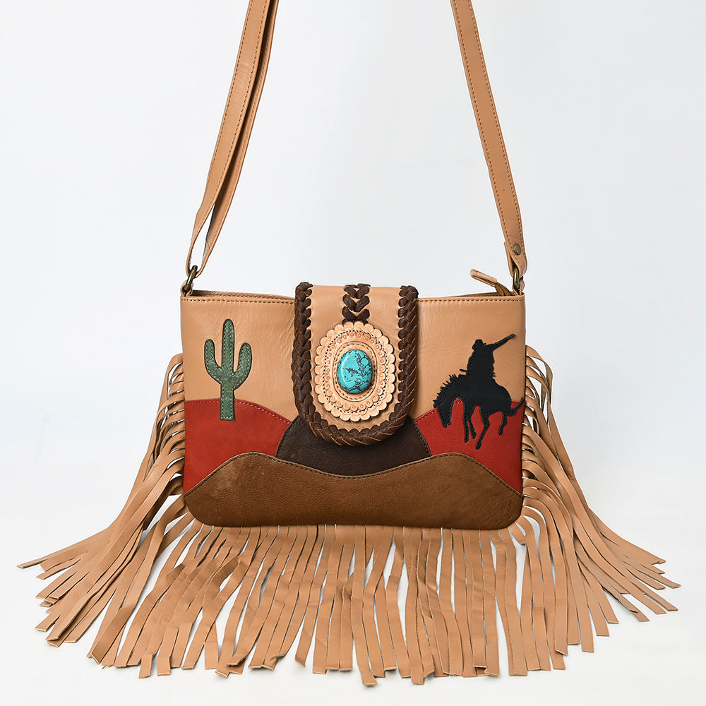 ADBGM467 Western Fringe Crossbody Bag - Scenic Applique with Turquoise Concho