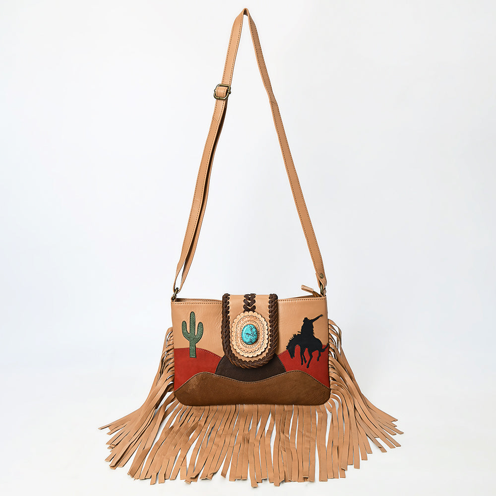 ADBGM467 Western Fringe Crossbody Bag - Scenic Applique with Turquoise Concho