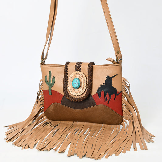 ADBGM467 Western Fringe Crossbody Bag - Scenic Applique with Turquoise Concho