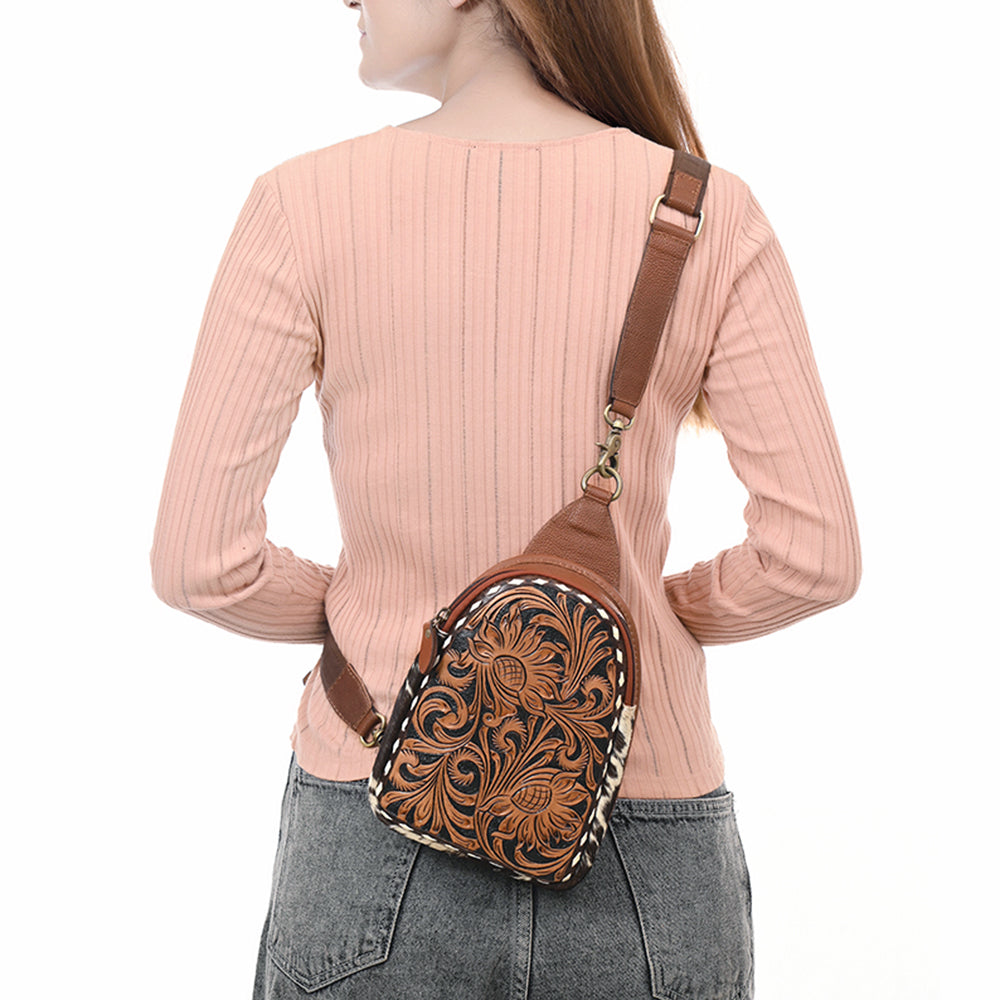 ADBGA613 Tooled Cowhide Leather Sling Bag-Thistle Floral Western Crossbody