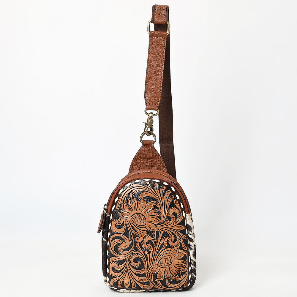 ADBGA613 Tooled Cowhide Leather Sling Bag-Thistle Floral Western Crossbody
