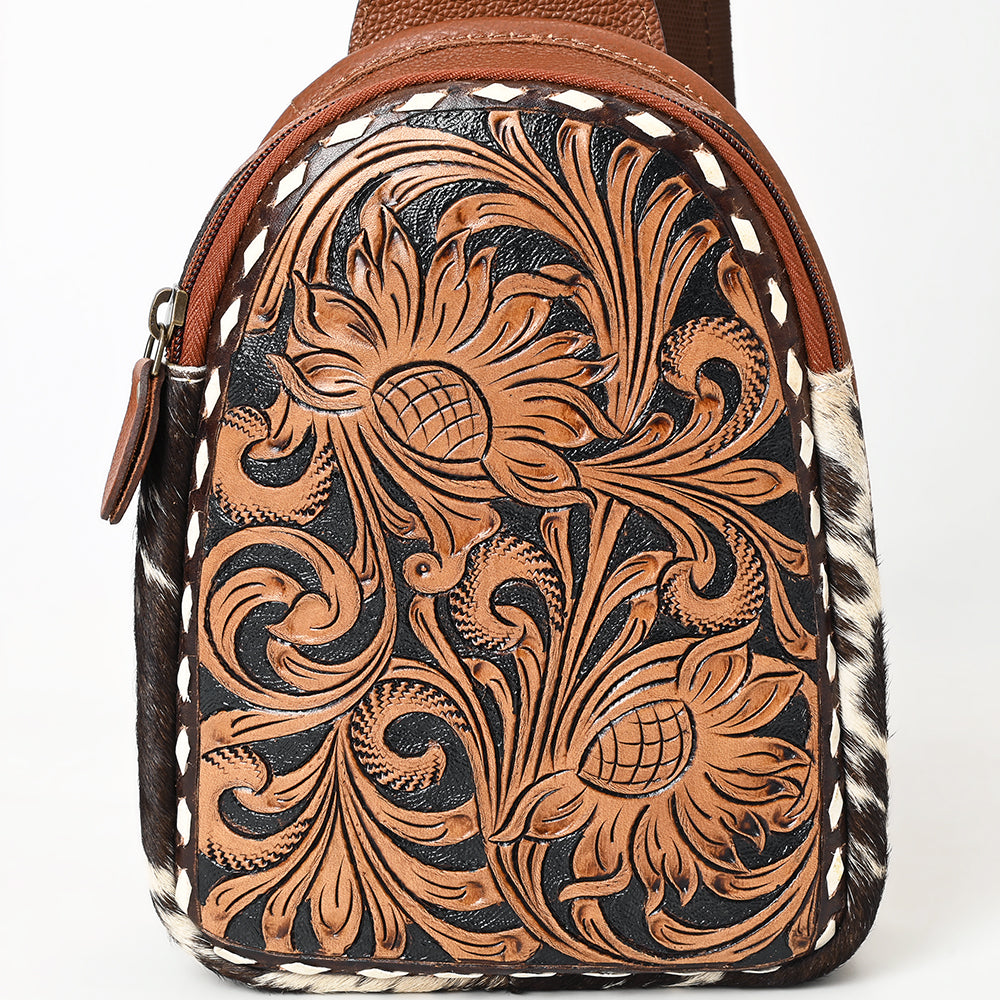 ADBGA613 Tooled Cowhide Leather Sling Bag-Thistle Floral Western Crossbody