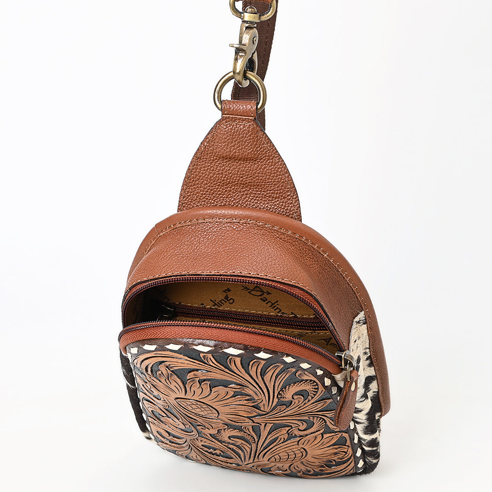 ADBGA613 Tooled Cowhide Leather Sling Bag-Thistle Floral Western Crossbody