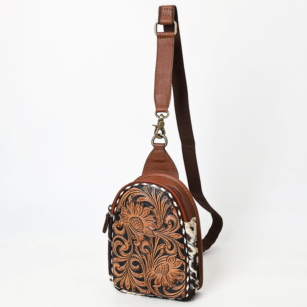 ADBGA613 Tooled Cowhide Leather Sling Bag-Thistle Floral Western Crossbody