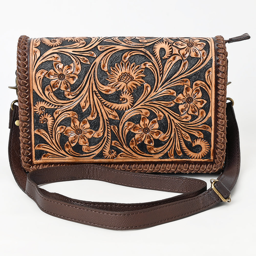 ADBGA614 Tooled Leather Western Crossbody Bag-Floral Handcrafted Shoulder Purse