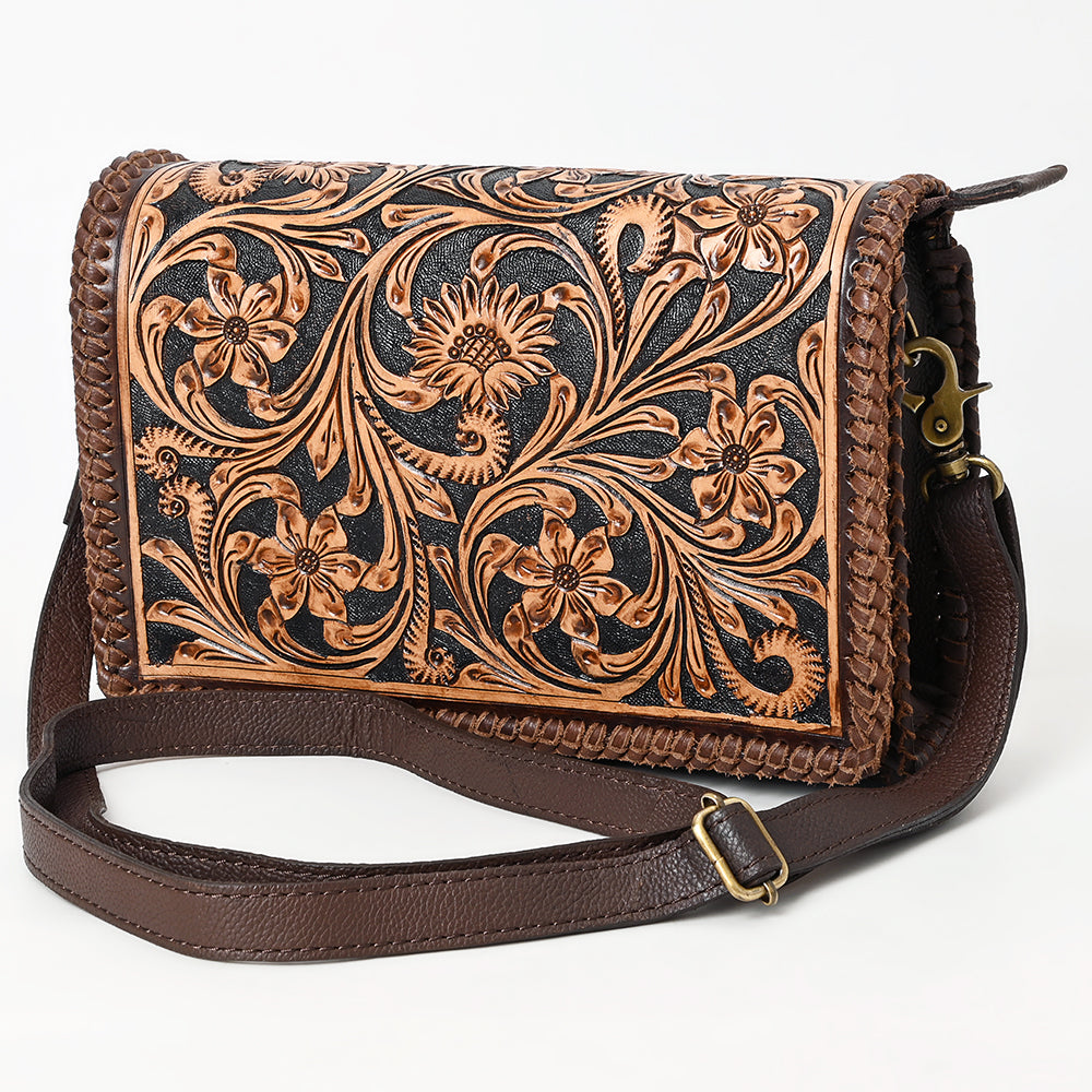ADBGA614 Tooled Leather Western Crossbody Bag-Floral Handcrafted Shoulder Purse