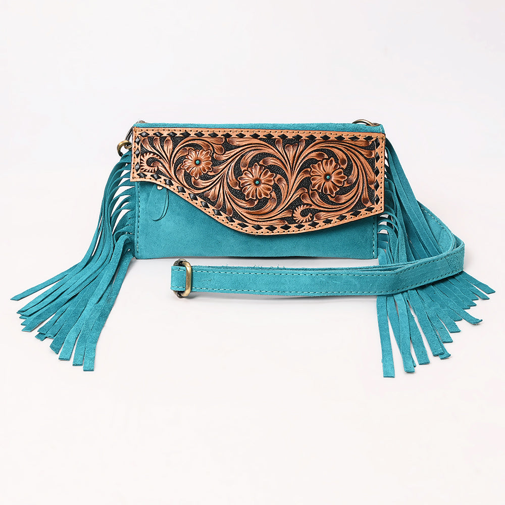 ADBGA618 Tooled Leather Crossbody Bag with Fringe-Genuine Western Cowgirl Purse