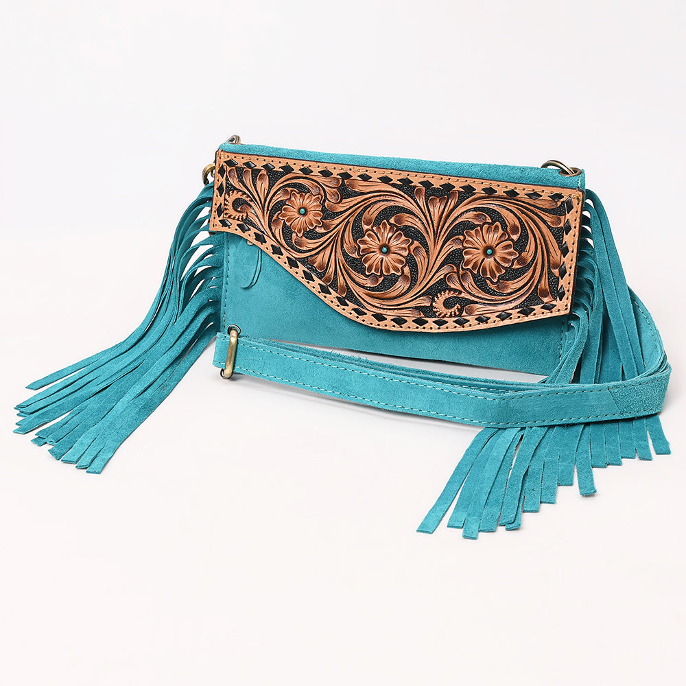 ADBGA618 Tooled Leather Crossbody Bag with Fringe-Genuine Western Cowgirl Purse