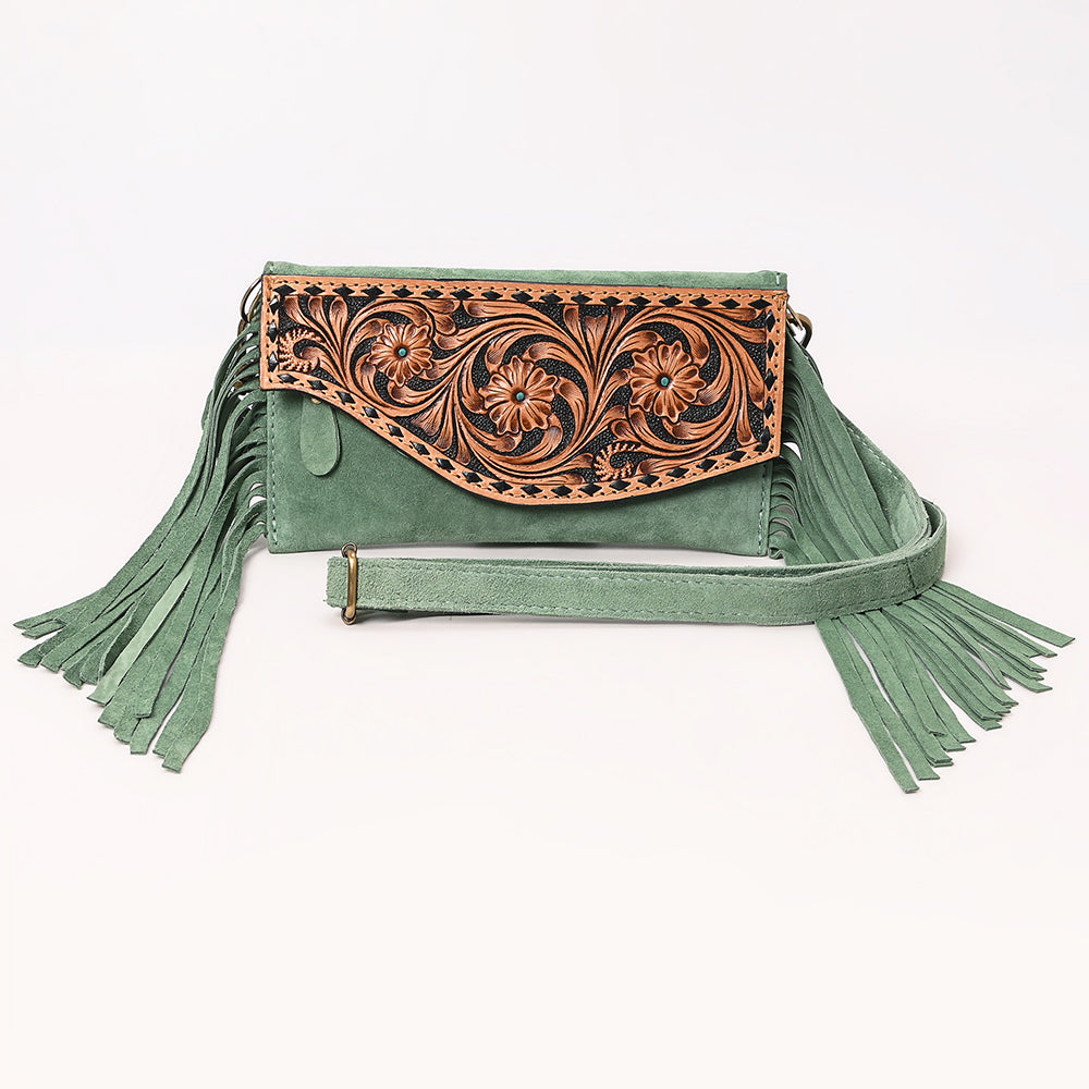 ADBGA618 Tooled Leather Crossbody Bag with Fringe-Genuine Western Cowgirl Purse