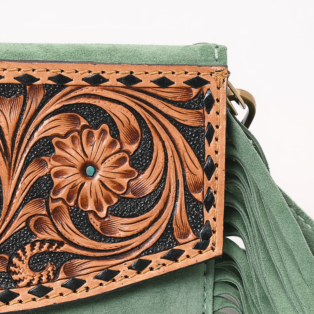 ADBGA618 Tooled Leather Crossbody Bag with Fringe-Genuine Western Cowgirl Purse