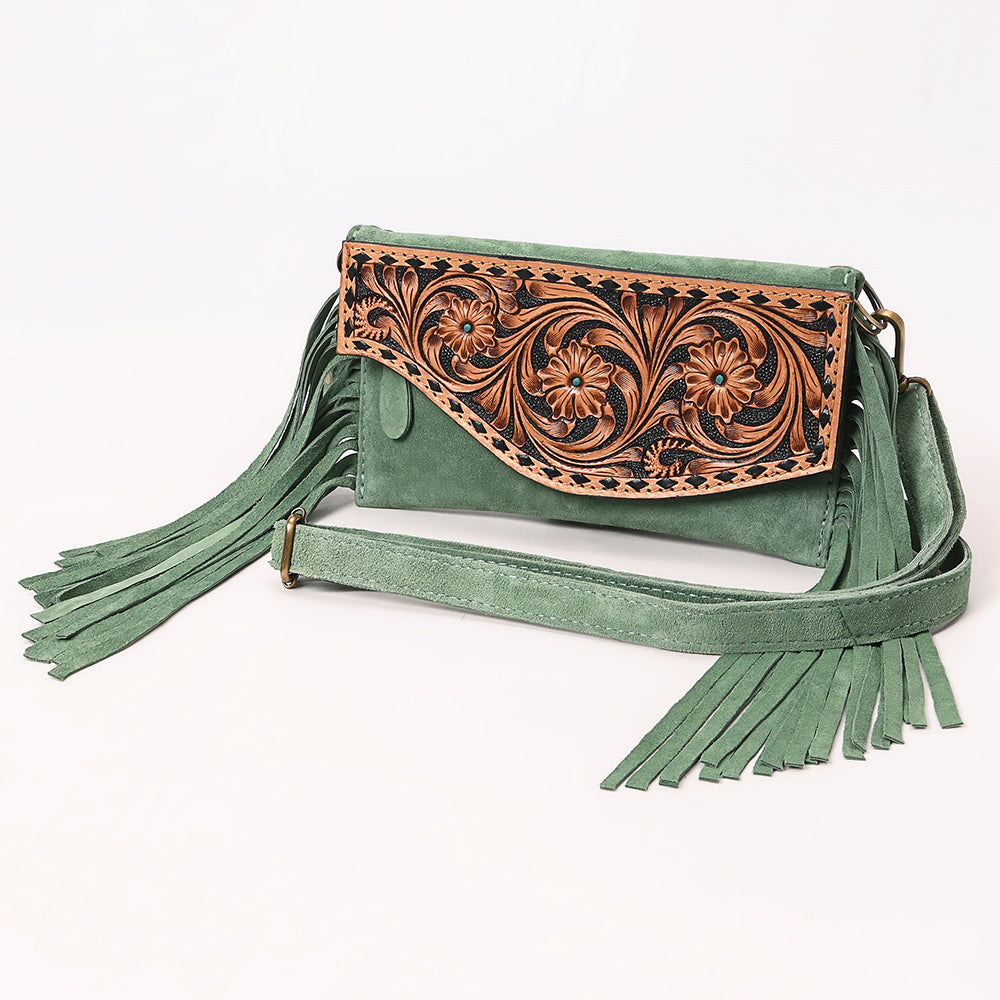 ADBGA618 Tooled Leather Crossbody Bag with Fringe-Genuine Western Cowgirl Purse