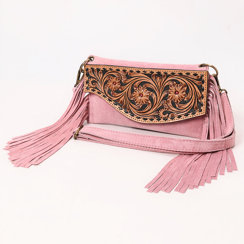 ADBGA618 Tooled Leather Crossbody Bag with Fringe-Genuine Western Cowgirl Purse